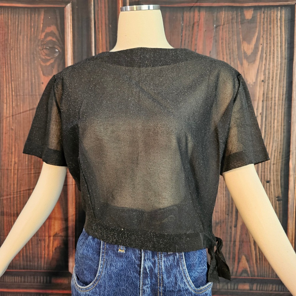 Vintage 1960s Blouse Top Shirt Black Sheer Sparkle Crop Top Side Tie Shimmer Mod